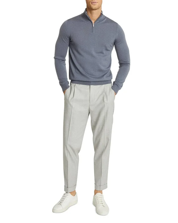 Reiss Blackhall - Merino Wool Zip Neck Jumper in Charcoal Mouline, Mens, Size Xs