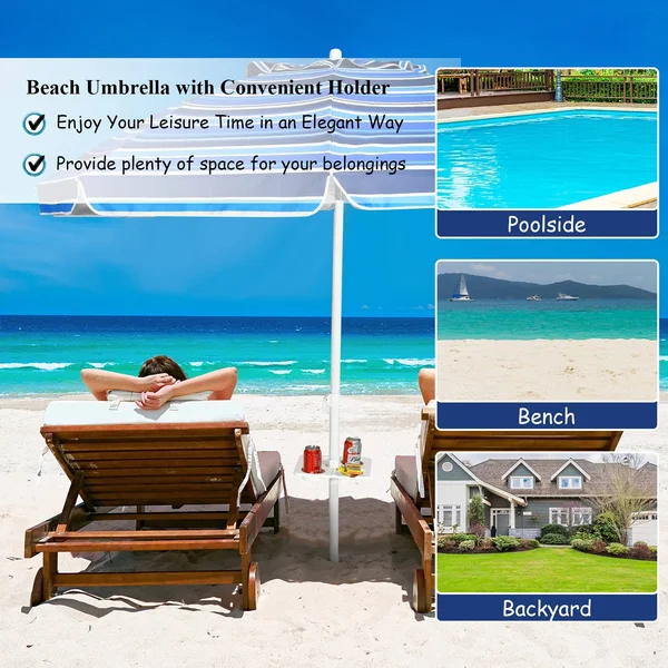 Costway 7.2 ft Portable Beach Umbrella Tilt Sand Anchor Cup Holder - Blue