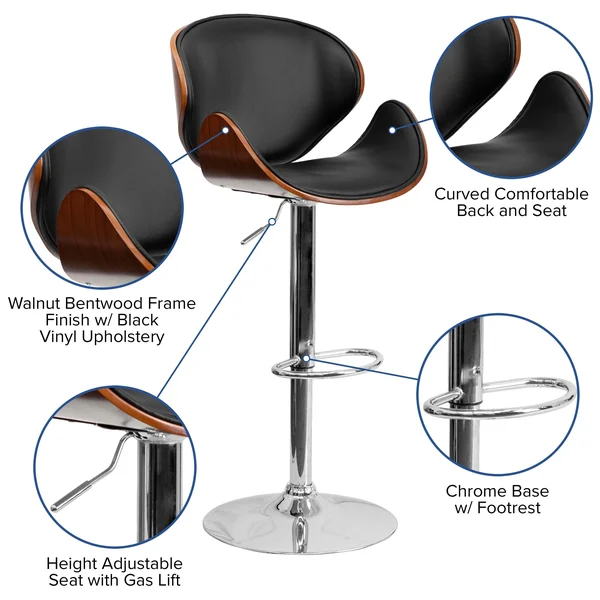 Lancaster Home Adjustable Height Bar Stool with Curved Vinyl Seat and Back Beech - Brown