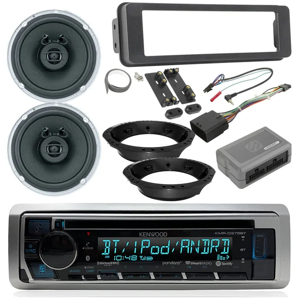 Kenwood-Jensen-Scosche Harley Davidson Touring Radio Package - Kenwood CD Bluetooth USB Marine Radio - 2x Jensen 6.5 Marine Speak