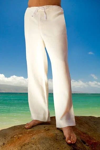 Men's Linen Drawstring Pants - Loose Fit - Ivory
