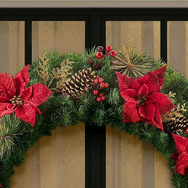 Home Holiday Accent 48 in. Burgundy Poinsettia Mixed Pine Wreath with Berries - Gold Glitter Cedar