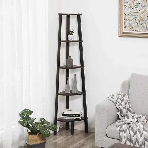 Industrial Style Free Standing Iron Bookcase with Five Wooden Shelves Brown and Black
