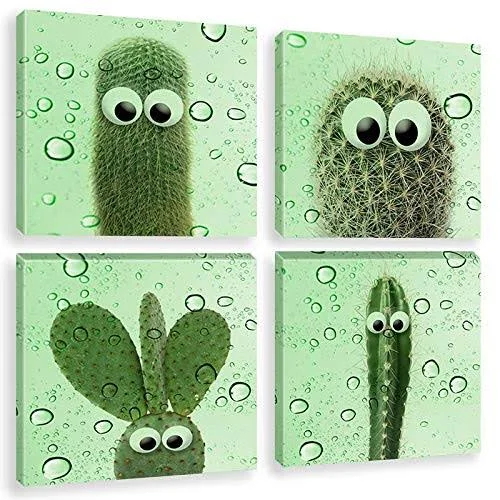 Abstract Cactus Funny Canvas Wall Art Lovely Cacti Green Plants Picture Artwork for Kids Room Living Room Home Decoration Gift