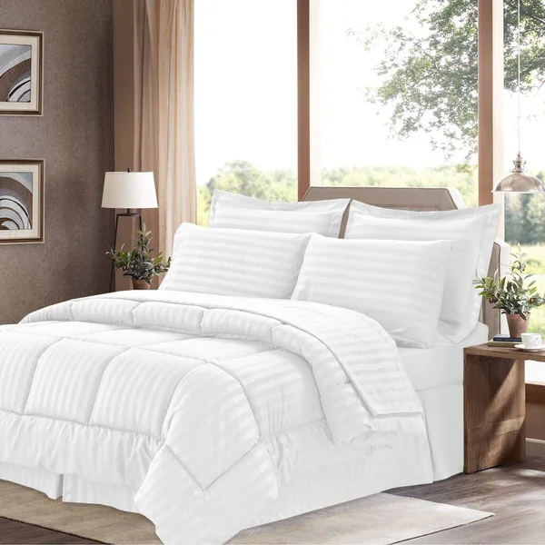 Soft Dobby 8-Piece Striped Down Alternative Bed-in-a-Bag Set w/ Sheets - White - Queen
