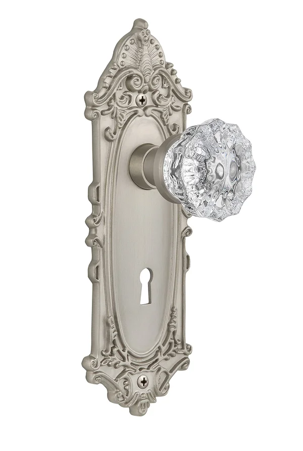 Nostalgic Warehouse 702092 Victorian Plate with Keyhole Privacy Crystal Glass Door Knob, Satin Nickel
