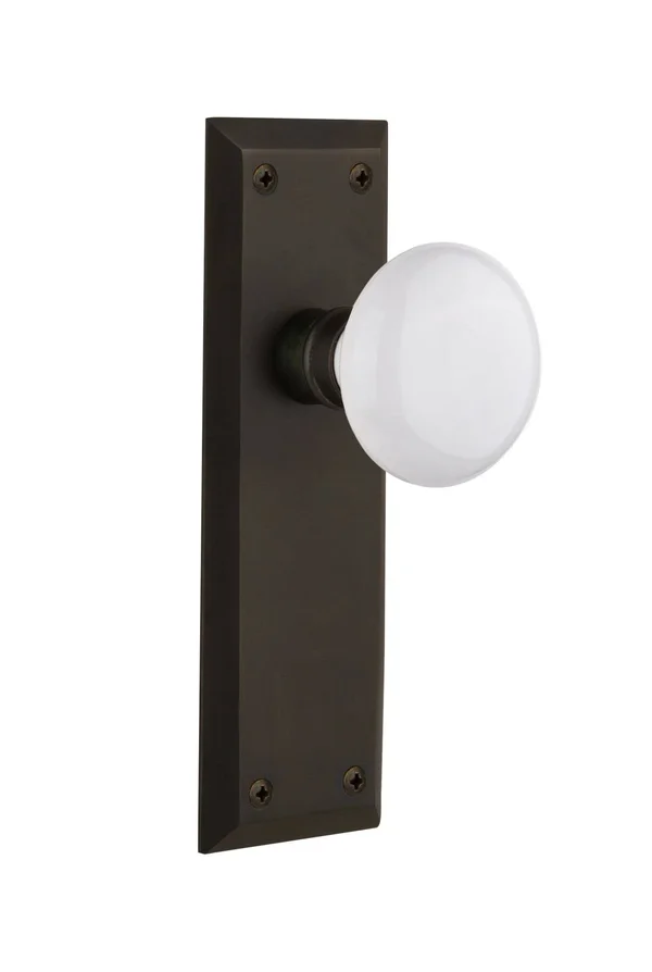 Nostalgic Warehouse 733133 New York Plate Privacy White Porcelain Door Knob - Oil-Rubbed Bronze