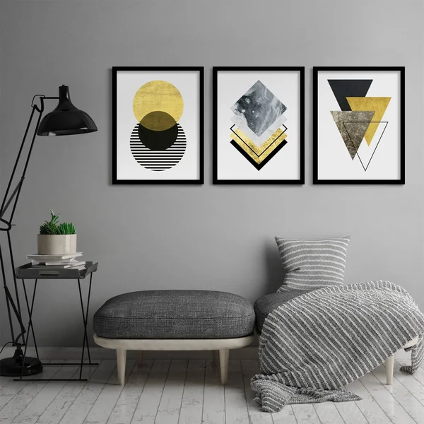 Americanflat Triptych Wall Art Minimalist Geo by Monica Pop - Set of 3 Black Framed Prints, Size: 22 x 28, Gold