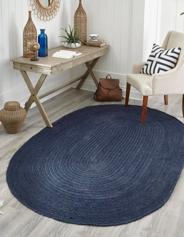 Unique Loom Braided Jute Hand-Woven Area Rug 3& 3 x 5& Oval Navy Blue
