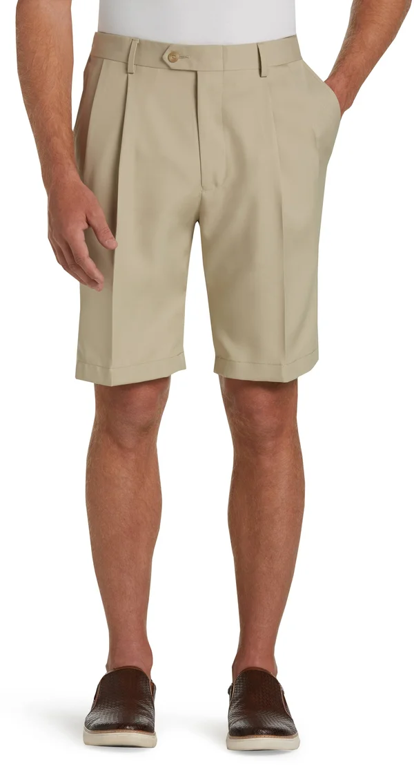 JoS. A. Bank Men's Traveler Performance Pleat Front Traditional Fit Comfort Waist Shorts - British Tan, 39 Regular