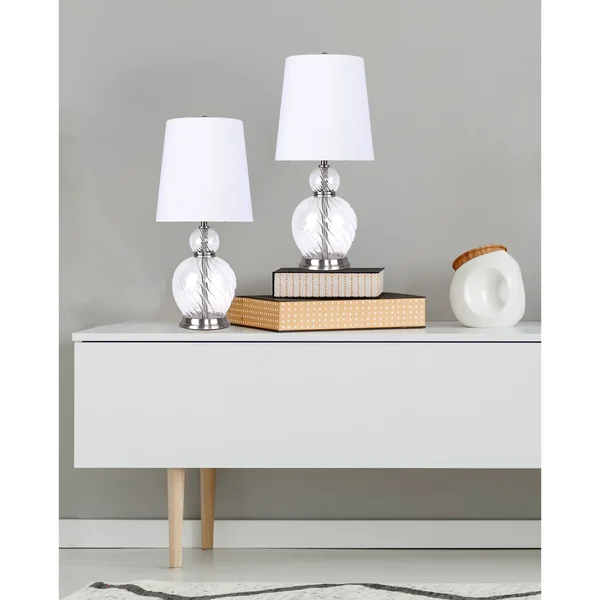 19 inch Clear Amber Glass Accent Lamp w/ Vase-Inspired Base & White Linen Shade (Set of 2)