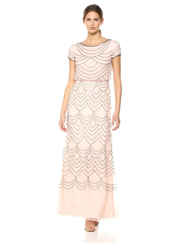 Adrianna Papell Short Sleeve Beaded Blouson Gown - Blush/Gold