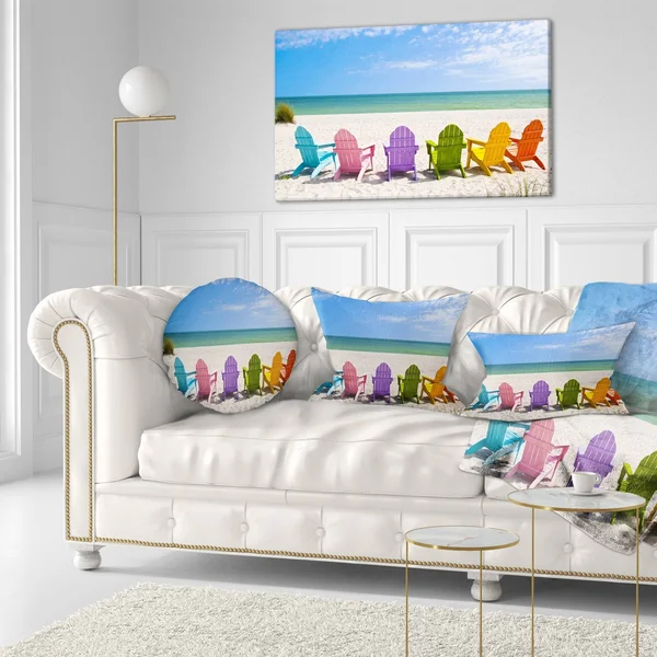 Designart &Adirondack Beach Chairs & Seashore Photo Canvas Art Print, Size: 40 inch x 20 inch, Blue