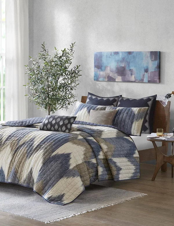 INK+IVY Alpine 3 Piece Printed Cotton Coverlet Set Navy King/Cal King