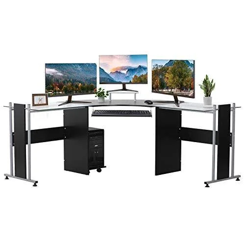 HOMCOM 69x22 Modern L-Shaped Tempered Glass Office Computer Desk with Elevated Monitor Stand - Rolling CPU Holder, Pull Out Keybo