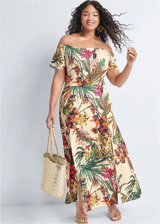 Women's Off-The-Shoulder Maxi Dress - White/Multi, Size S by Venus