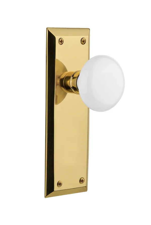 Nostalgic Warehouse 733104 New York Plate Passage White Porcelain Door Knob - Polished Brass