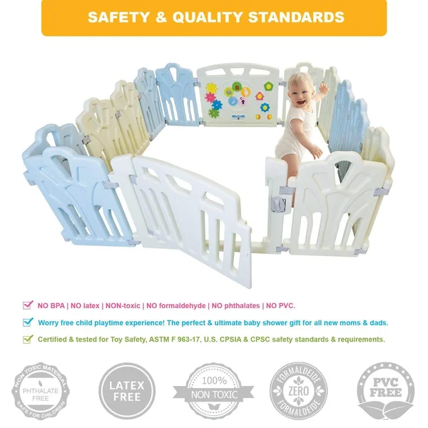 Baby Playpen Kids Activity Center - 14 Panel, Safety Play Yard Area - Indoor, Outdoor Portable Fence, Adjustable, Non-Toxic, M