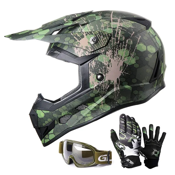 GLX Youth Kids Off Road Motocross ATV Dirt Bike Helmet Camouflage Green Dot Gloves Goggles S