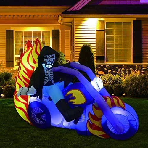 GOOSH Outdoor Halloween Decorations Blow Up Yard Outdoor Decorations Grim Reaper on Motorcycle 6ft Long Halloween Inflatables Cl