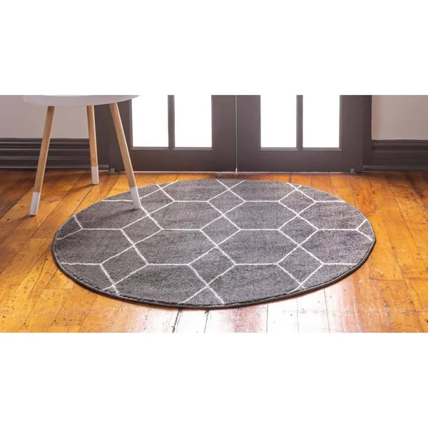 8& Round Geometric Trellis Frieze Rug Dark Gray/Ivory - Unique Loom