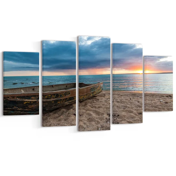 Design Art Rusty Row Boat on Sand at Sunset 5 Piece Photographic Print on Wrapped Canvas Set - Brown