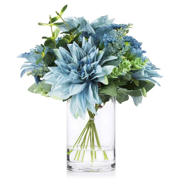 Enova Home Mixed Artificial Dahlia Flower and Eucalyptus Grass Arrangement in Clear Glass Vase with Faux Water (Blue)