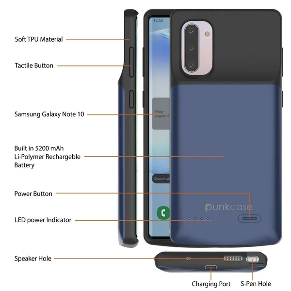 Punkcase PunkJuice Galaxy Note 10 Battery Case, 5200mAh Fast Charging Extended Power Bank w/Screen Protector, IntelSwitch, Sli