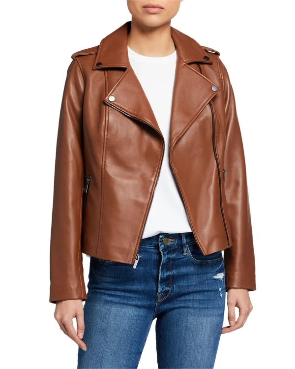Neiman Marcus Leather Collection Zip-Front Leather Moto Jacket - Cognac Cider, Women's, M