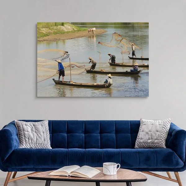 Fishermen Fishing on The River, Myanmar, Canvas Wall Art, 60x40, Great Big Canvas
