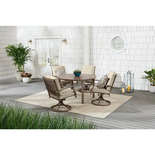 Hampton Bay Geneva 5-Piece Brown Wicker Outdoor Patio Dining Set with CushionGuard Putty Tan Cushions