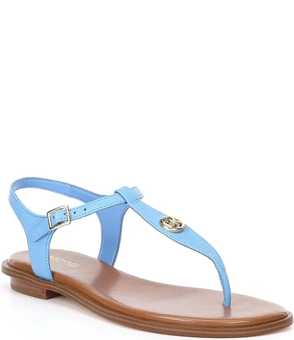 Michael Kors Mallory Leather T-Strap Sandal - Blue - Flat Sandals