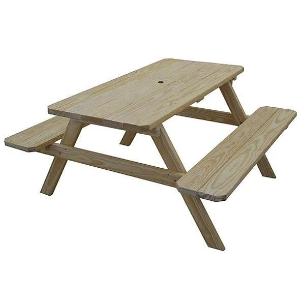 Yellow Pine Picnic Table with Attached Benches 5ft - Tractor Red Paint, Without Umbrella Hole