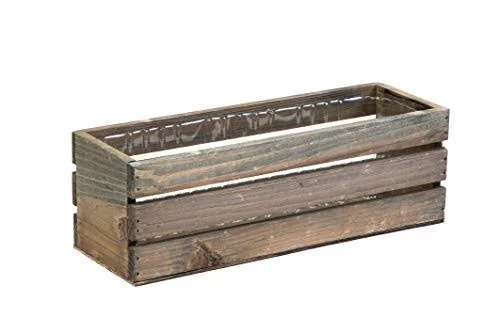 Wood Planter Box with Wine Crate Styled, 12x4 inch Rectangular, Rustic Barn Wood, Plastic Liner, Garden Centerpiece Display, Wed