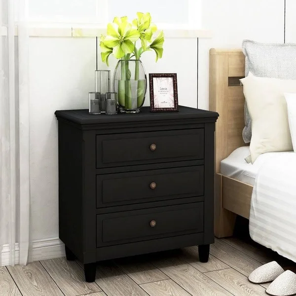 AOOLIVE 3-Drawer Nightstand Storage Wood Cabinet, Black Pine Wood - MDF