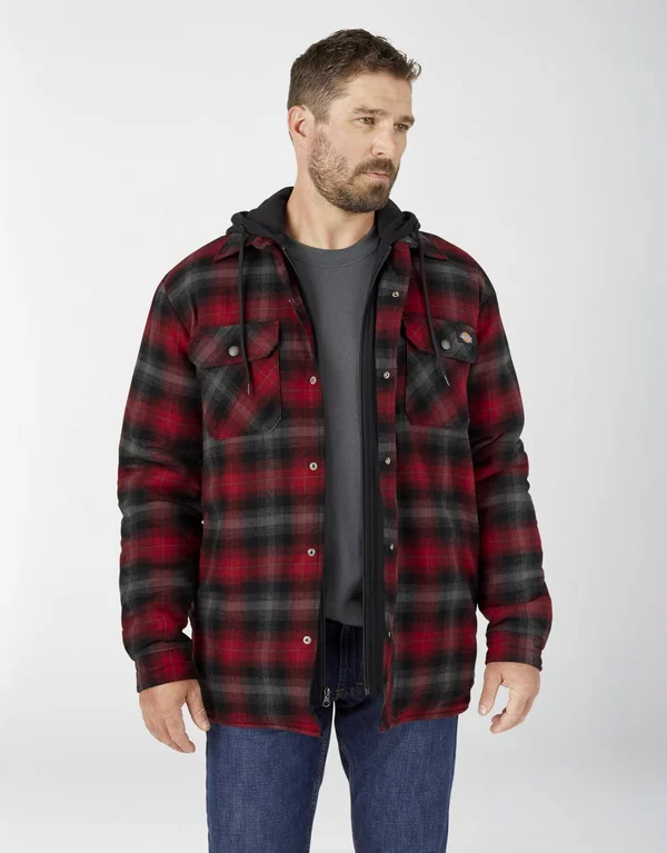 Dickies Men's Fleece Hooded Flannel Shirt Jacket with Hydroshield - English Red Black Ombre Plaid Size LT (TJ211)