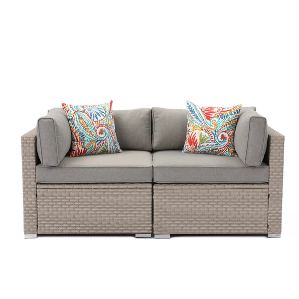 Cosiest 2-Piece Outdoor Furniture Loveseat Wicker Sectional Sofa Set with Pillows - Warm Grey