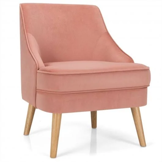 Velvet Upholstered Accent Chair with Rubber Wood Legs-Pink - Costway