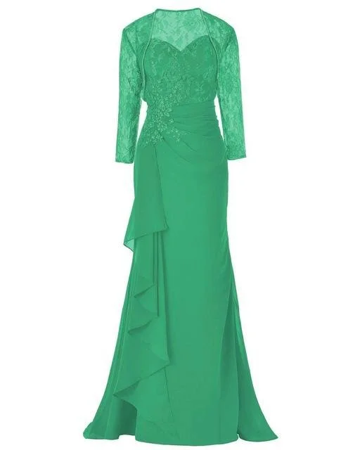Elegant Lace Three Quarters Sleeves Gown Mother of The Bride Groom Dress with Jacket for Wedding Party 22W - Green