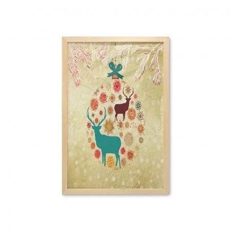 Christmas Wall Art with Frame - Reindeer and Snowflakes in Abstract Balls Ornament Vintage Design Paper Art Image, Printed Fabric