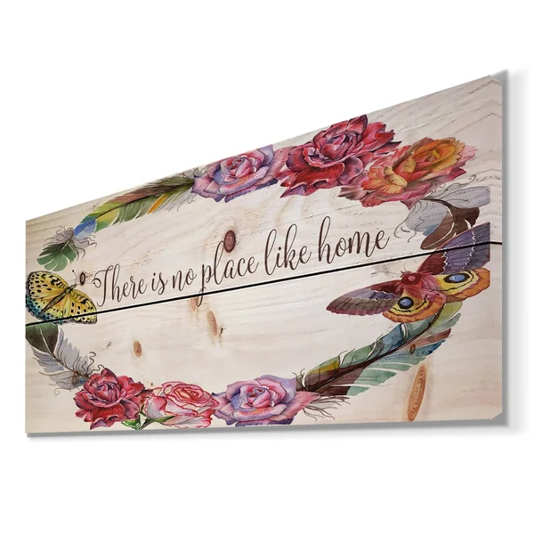 Designart 'There Is No Place Like Home. Floral' Textual Entrance Art on Wood Wall Art - Multi-Color - 40 in. Wide x 20 in. High