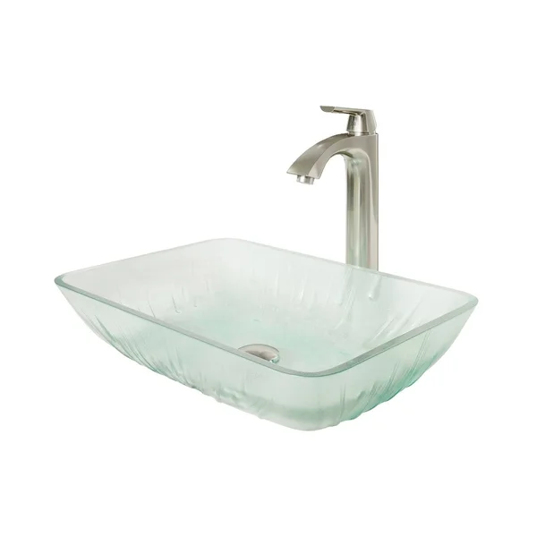 Vigo VGT1800 Rectangular Icicles Glass Vessel Bathroom Sink Set with Linus Vessel Faucet in Brushed Nickel