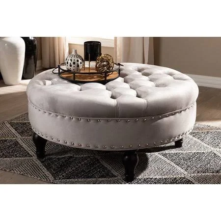 Skyline Decor Palfrey Transitional Grey Velvet Fabric Upholstered Button Tufted Cocktail Ottoman, Gray