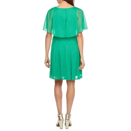 J Taylor Short Sleeve Cape Fit & Flare Dress - Glitter, 4, Green