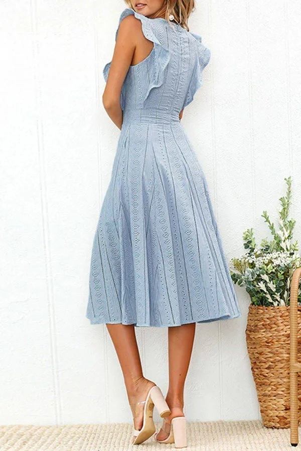 Elegant Flounce Lace Design Mid Calf Dress(2 Colors) XL, Blue