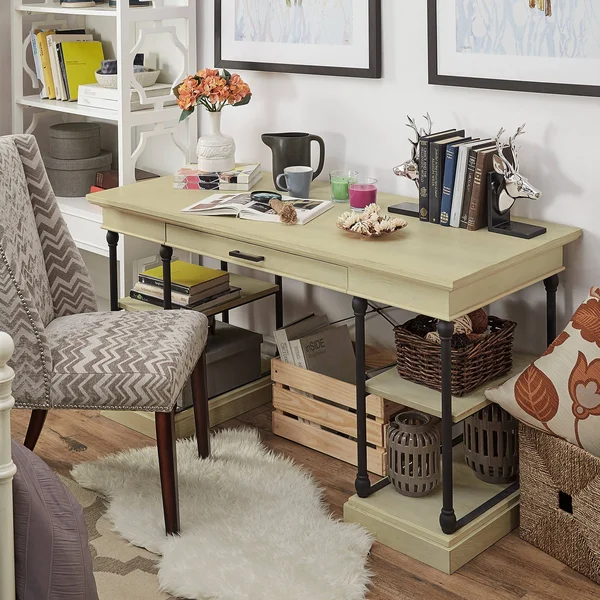 Inspire Q Barnstone Cornice 1-Drawer Storage Writing Desk by Artisan White Antique, Wood Finish