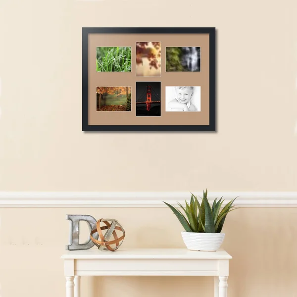 Collage Picture Frame - Satin Black Frame with 6 openings for 5x7 Photos with Brown Desert Sand Mat. D3926DZ473, ArtToFrames