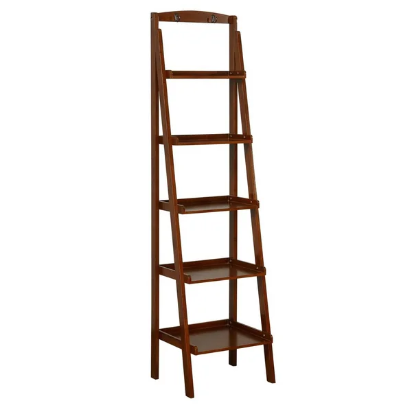 Benjara 72 Inches 5 Tier Wooden Ladder Bookcase with 2 Hooks, Brown