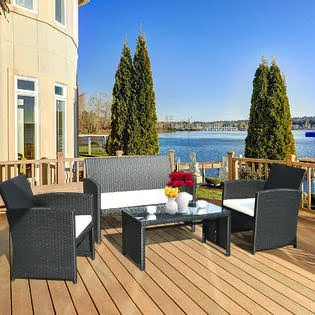 Costway 4 Pieces Patio Rattan Furniture Conversation Set Cushioned Sofa Table Garden