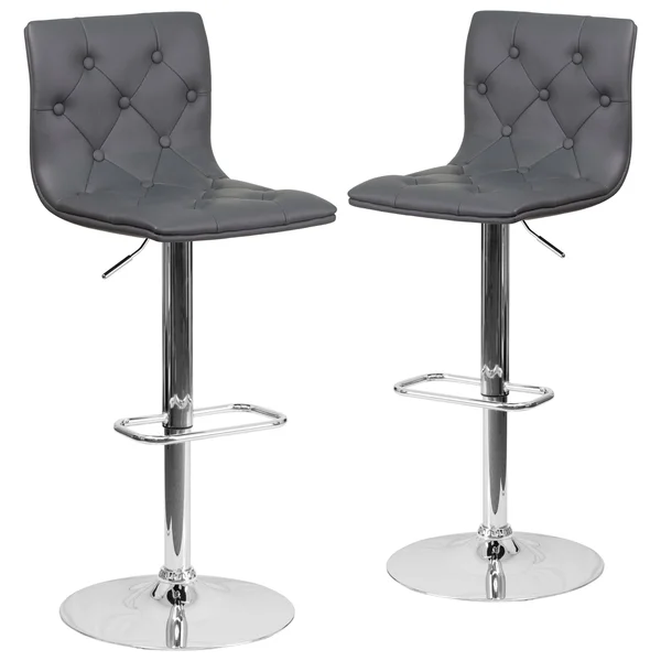 2 Pk. Contemporary Tufted Black Vinyl Adjustable Height Barstool with Chrome Base